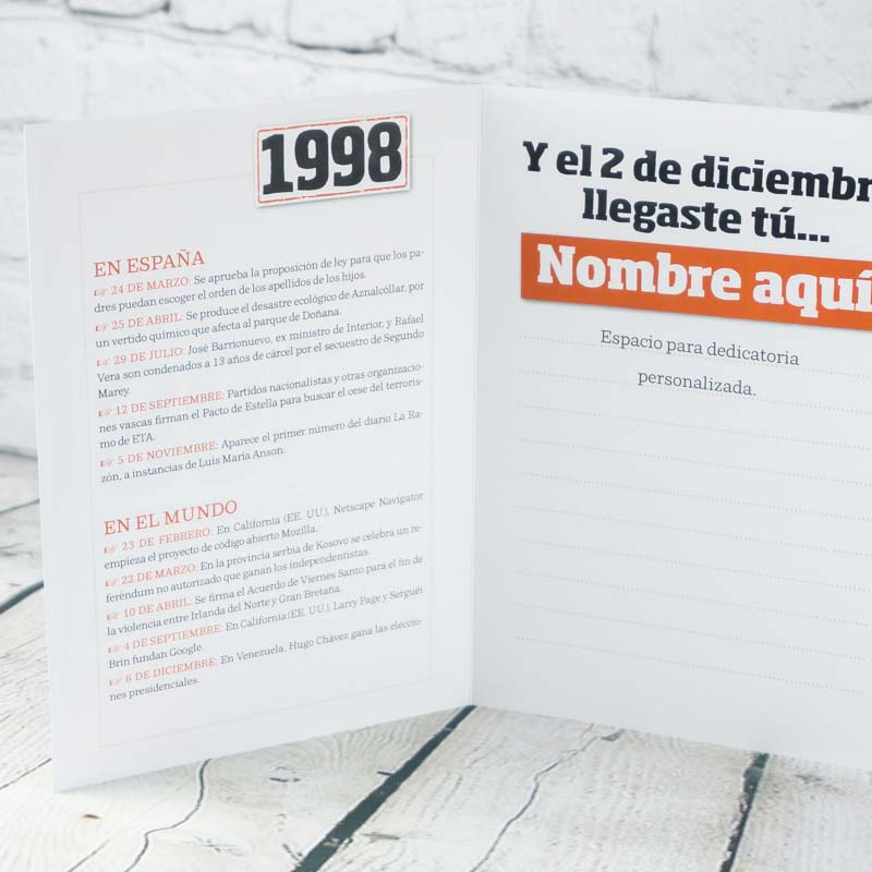 Regalos personalizados: Libros personalizados: Libro años 90 con tarjeta 1998 personalizada