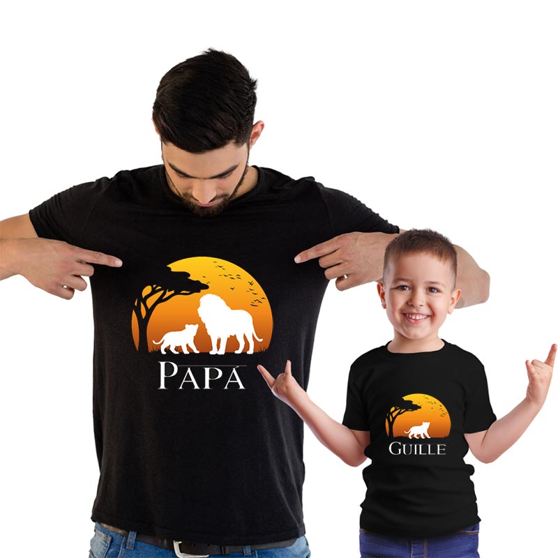 Regalos personalizados: Regalos con nombre: Pack camisetas negras padre e hijo personalizadas con nombre 'Leones'