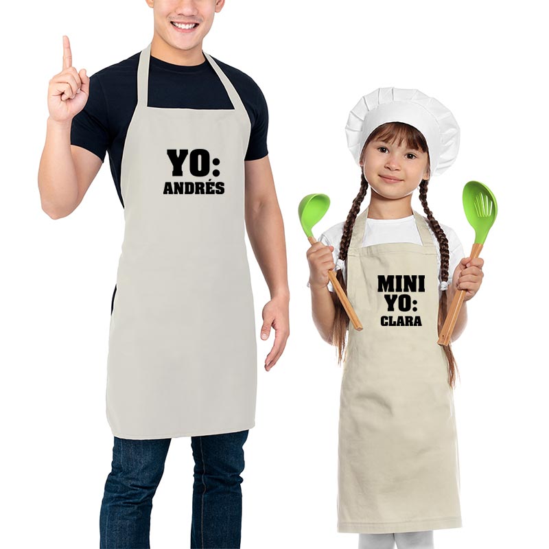 Regalos personalizados: Regalos bordados: Pack de delantal BIO bordado 'Yo y mini yo'