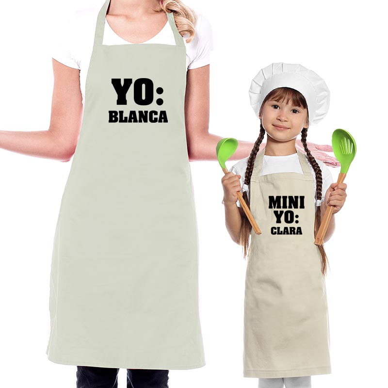 Regalos personalizados: Regalos bordados: Pack de delantal BIO bordado 'Yo y mini yo'