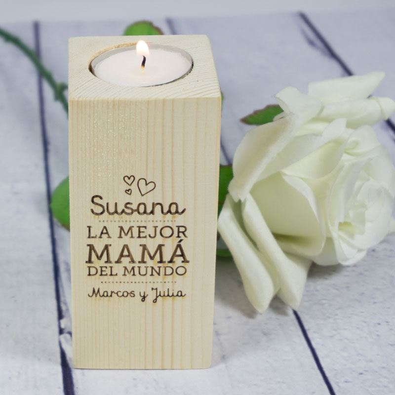 Regalos personalizados: Velas personalizadas: Portavelas de madera personalizado para madre