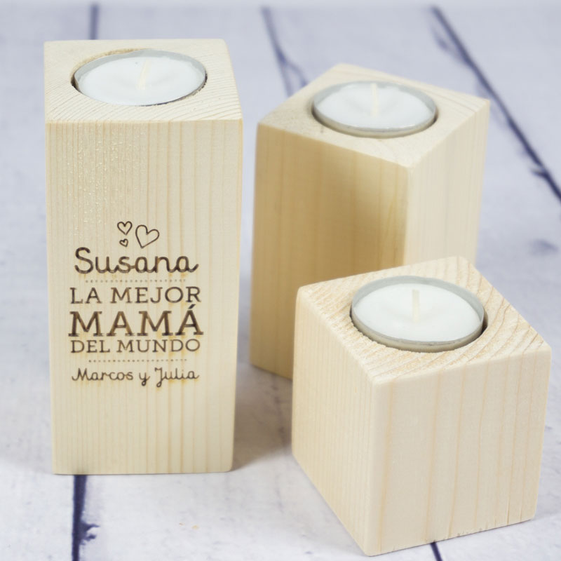 Regalos personalizados: Velas personalizadas: Portavelas de madera personalizado para madre