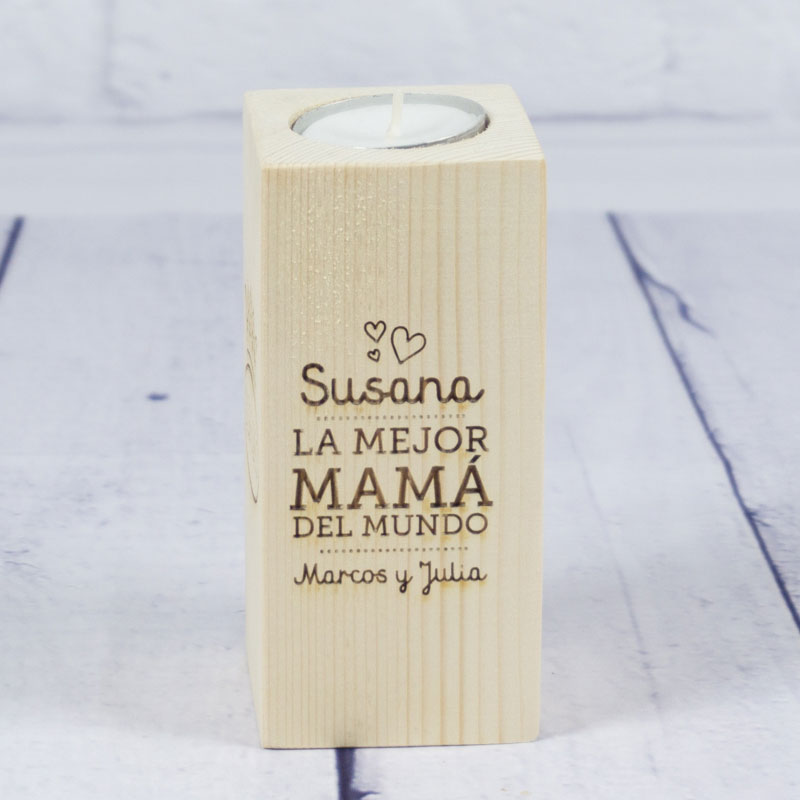 Regalos personalizados: Velas personalizadas: Portavelas de madera personalizado para madre