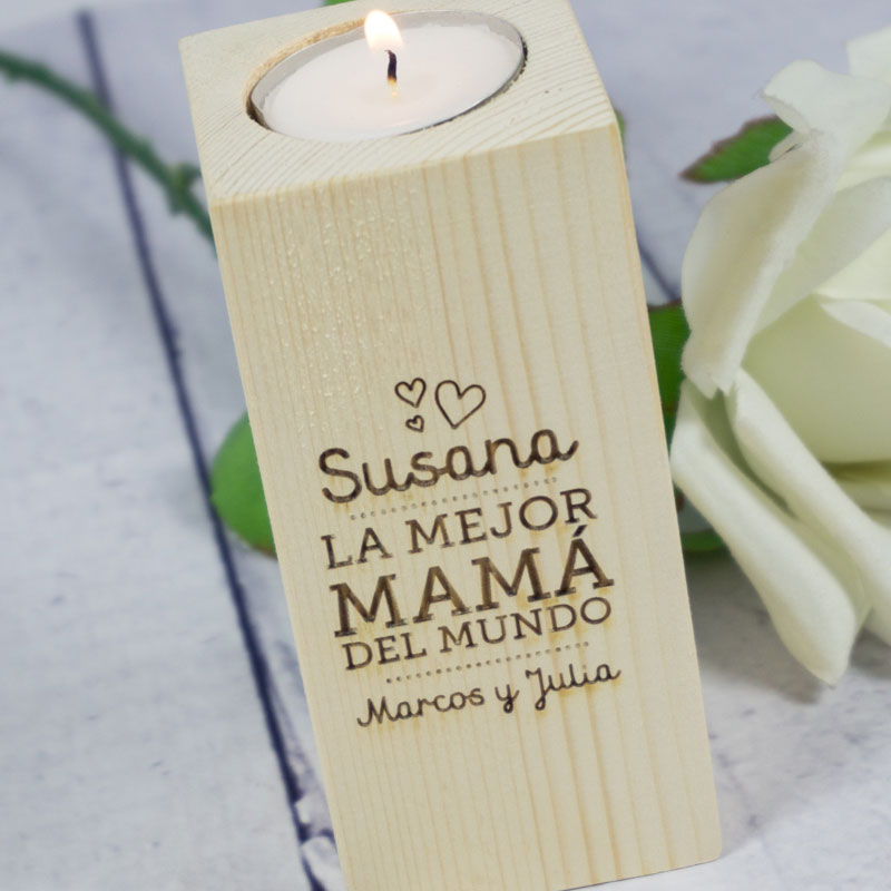 Regalos personalizados: Velas personalizadas: Portavelas de madera personalizado para madre