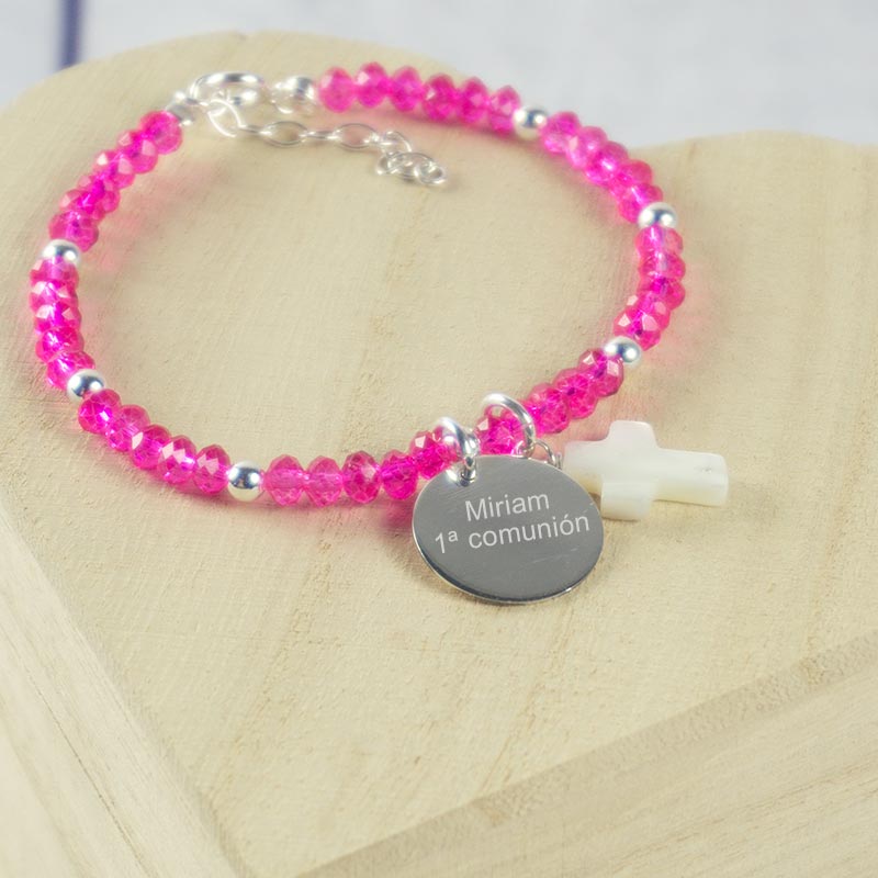 Regalos personalizados: Joyas personalizadas: Pulsera 'Comunión' de piedras rosas personalizada