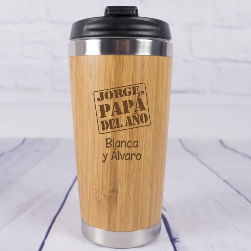 Regalos personalizados: Regalos con nombre: Termo de Bambú grabado para padre