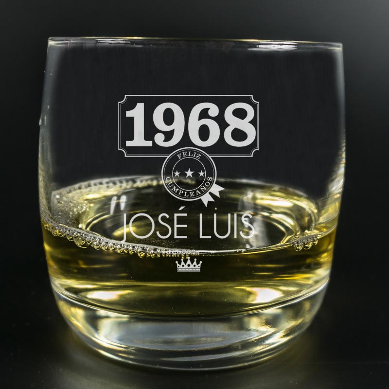 Regalos personalizados: Cristalería personalizada: Vaso de whisky año de nacimiento