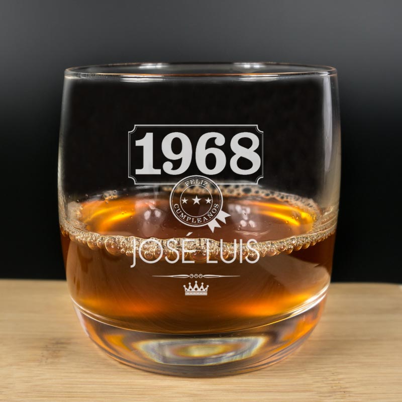 Regalos personalizados: Cristalería personalizada: Vaso de whisky año de nacimiento