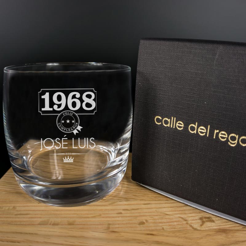 Regalos personalizados: Cristalería personalizada: Vaso de whisky año de nacimiento