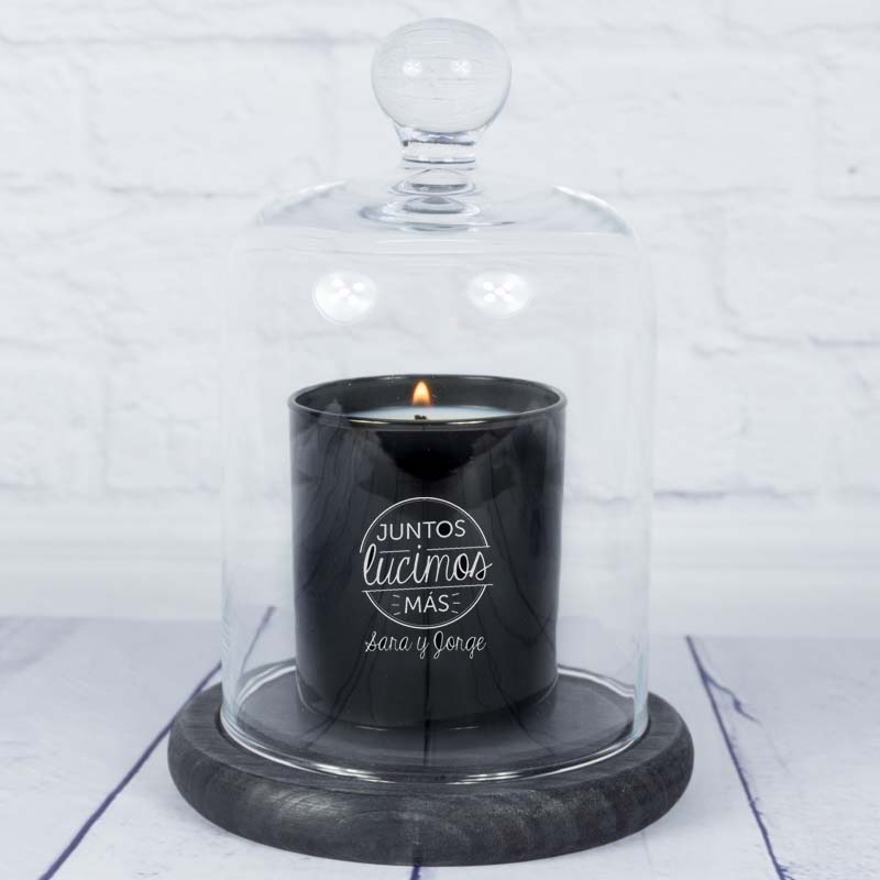 Regalos personalizados: Velas personalizadas: Vela grabada 'Juntos' con campana de cristal