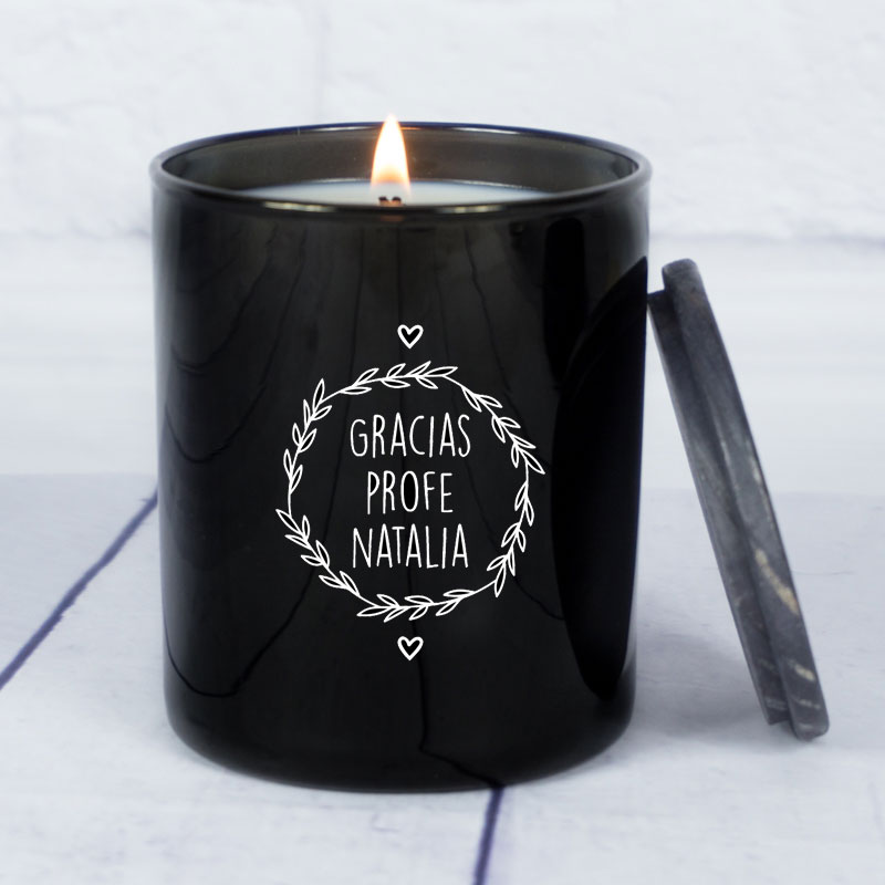 Regalos personalizados: Velas personalizadas: Vela grabada para profe con campana de cristal