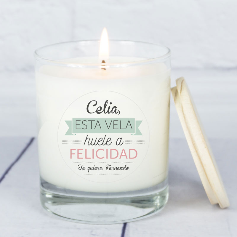 Regalos personalizados: Velas personalizadas: Vela personalizada con olor a felicidad