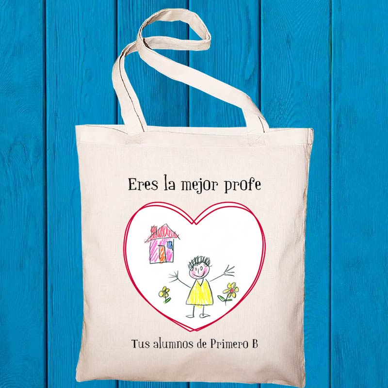 Regalos personalizados: Regalos con el dibujo de tus hijos: Bolsa tote BIO personalizada con dibujo para profe