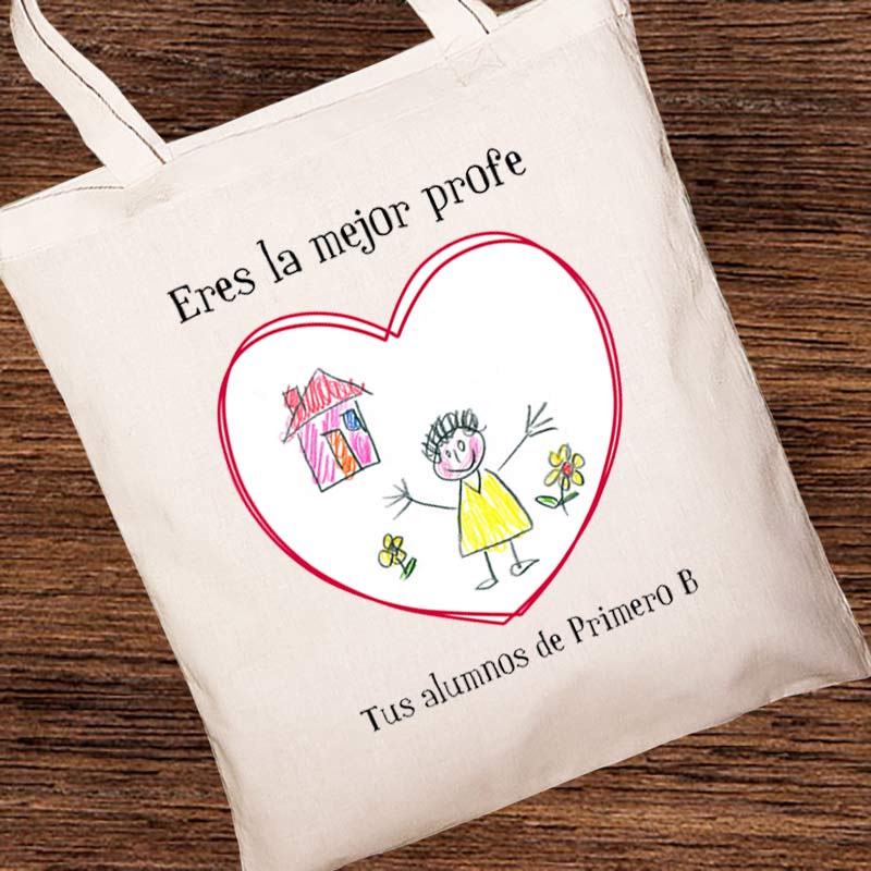 Regalos personalizados: Regalos con el dibujo de tus hijos: Bolsa tote BIO personalizada con dibujo para profe