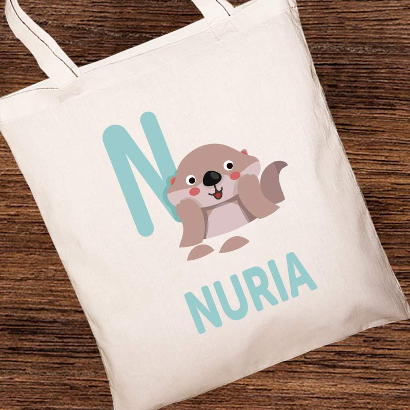 Regalos personalizados: Regalos con nombre: Bolsa tote BIO personalizada 'alfabeto animal'