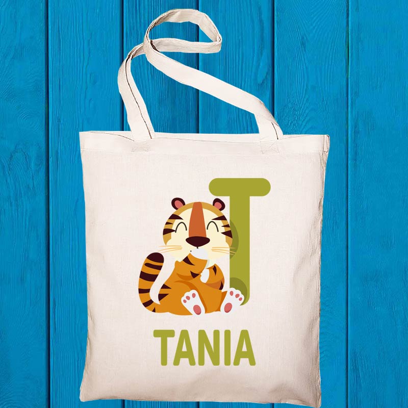 Regalos personalizados: Regalos con nombre: Bolsa tote BIO personalizada 'alfabeto animal'