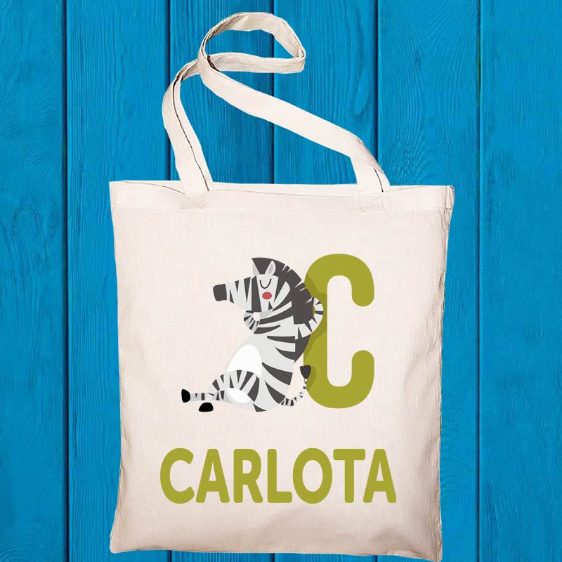 Regalos personalizados: Regalos con nombre: Bolsa tote BIO personalizada 'alfabeto animal'