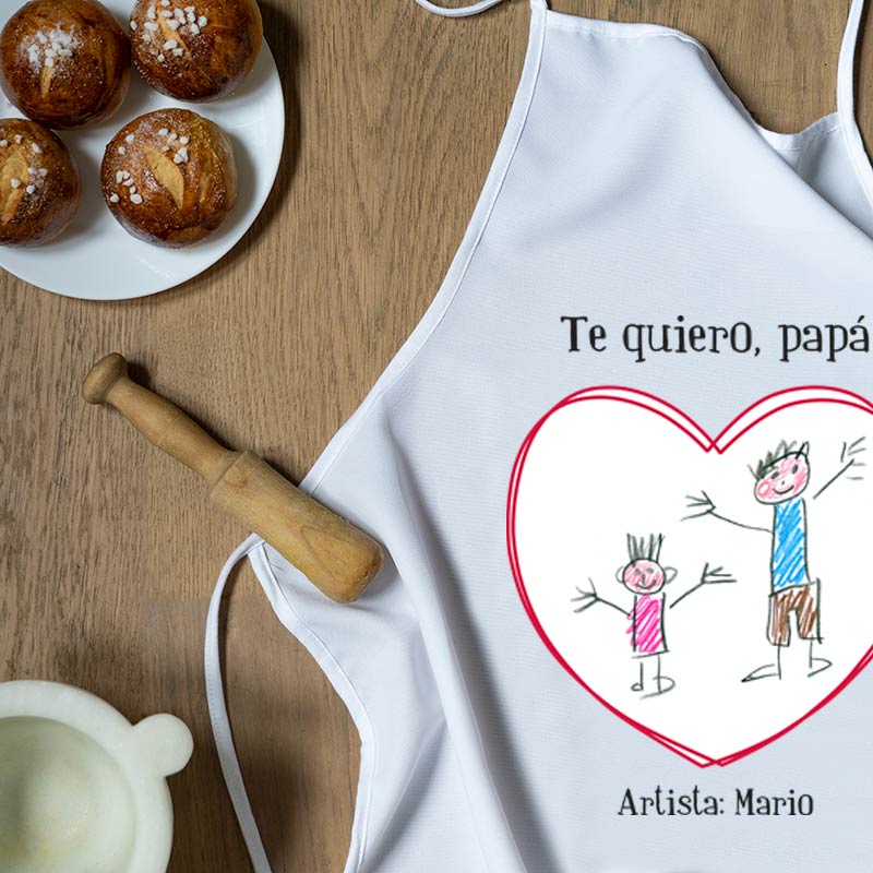 Regalos personalizados: Delantales personalizados: Delantal personalizado corazón con dibujo para papá