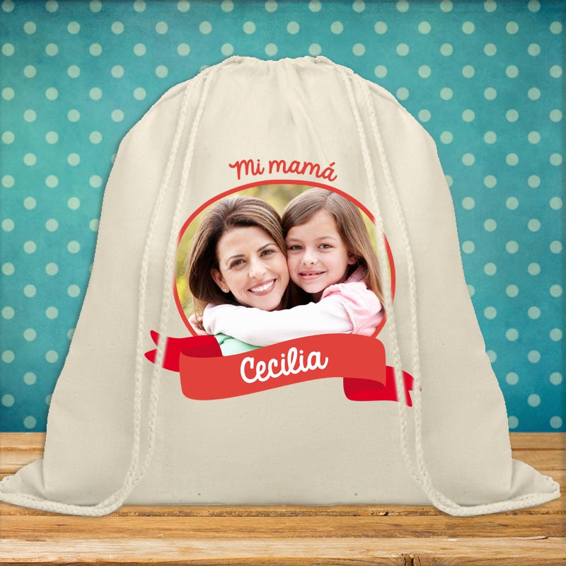 Regalos personalizados: Regalos con nombre: Mochila de cuerdas BIO personalizada con foto