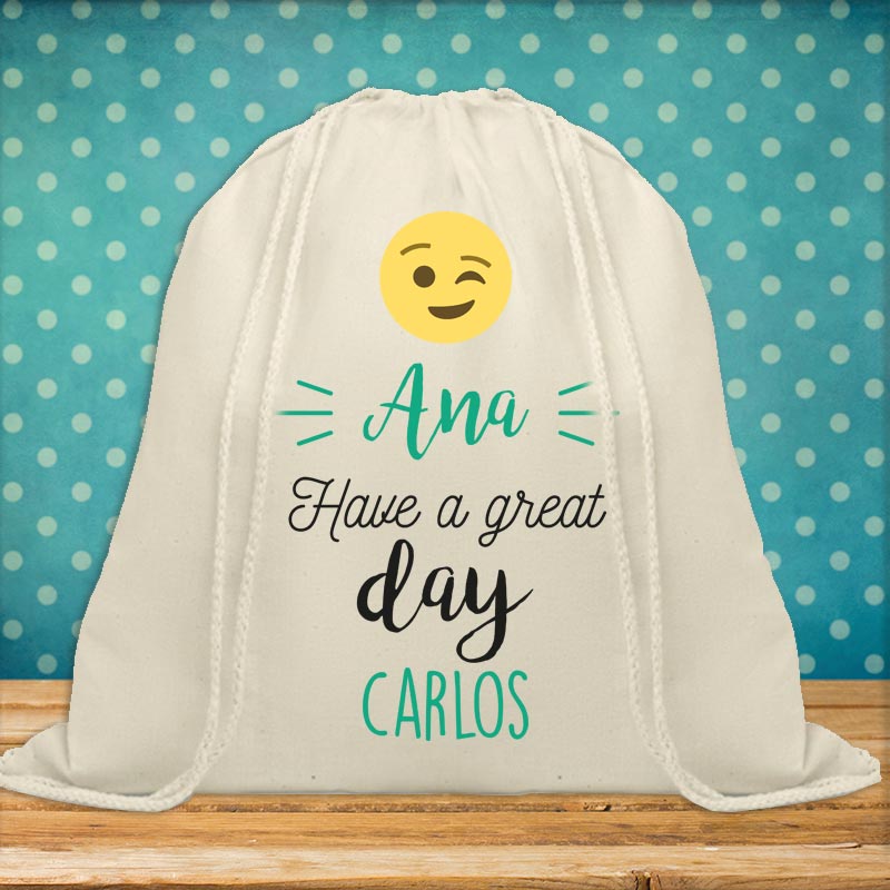 Regalos personalizados: Regalos con nombre: Mochila de cuerdas BIO personalizada emoticono